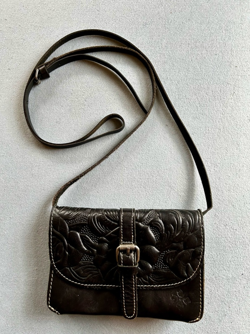 Patricia Nash Black Tooled Leather Crossbody with Buckle, adjustable strap